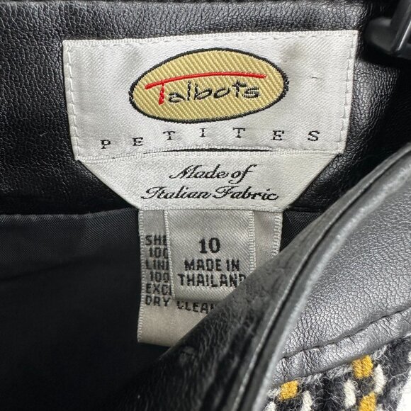Talbots Plaid Mini Skirt 10P Wool Tweed Faux Leather Trim Black Brown Vintage - Picture 3 of 6